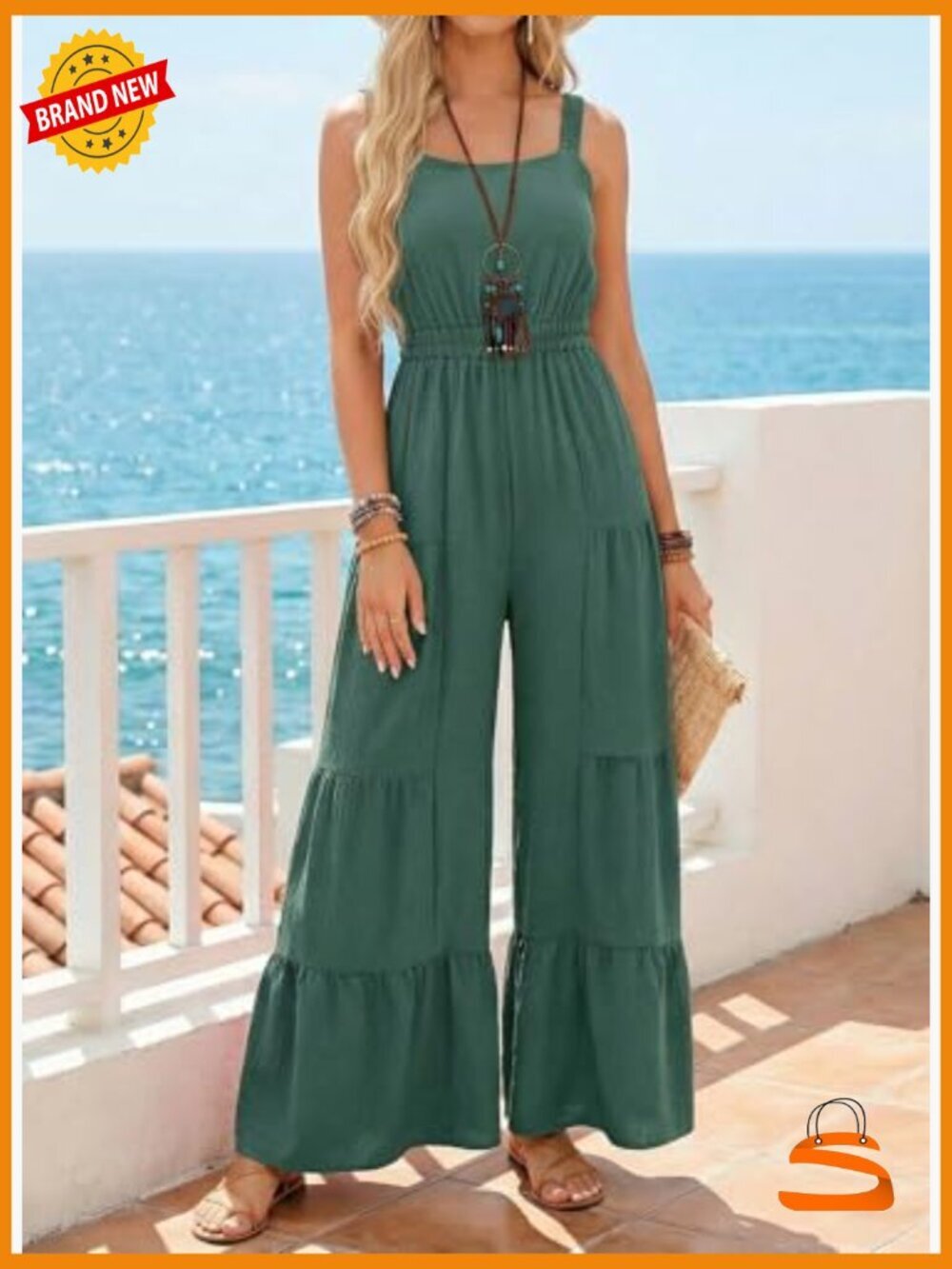 Sleeveless Ruffle Wide Leg Jumpsuit Flowy Romper Summer Casual Loose Fit - Picture 2 of 7